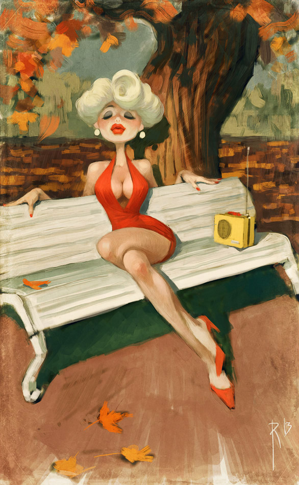 586x950, 200 Kb / скамейка, приемник, радио, декольте, осень, листья, рисунок, блондинка, waldemar kazak