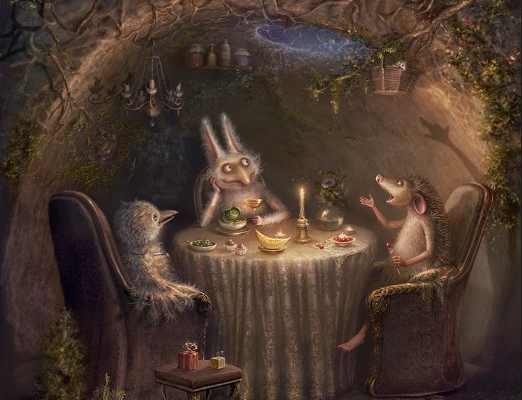 737x565, 278 Kb / ёжик, птичка, ночь, свеча, тень, кресла, стол