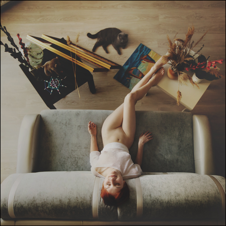 900x900, 283 Kb / рыжая, диван, стол, рисунок, рама, котэ, сверху