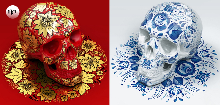 740x355, 249 Kb / гжель, хохлома, череп