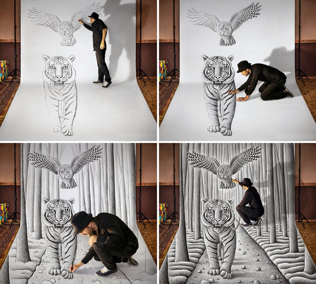 1014x913, 292 Kb / студия, художник, холст, тигр, сова, иллюзия,3D