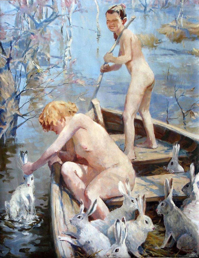 843x1095, 158 Kb / лодка, река, девушки, зайцы