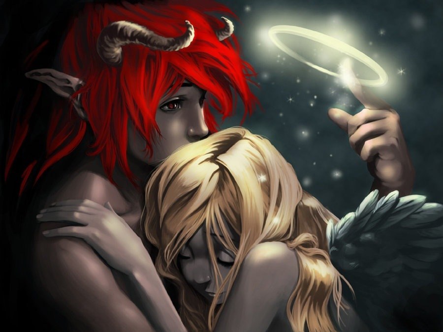 900x675, 82 Kb / демон, ангел, нимб, грусть, обнимаются, крутит