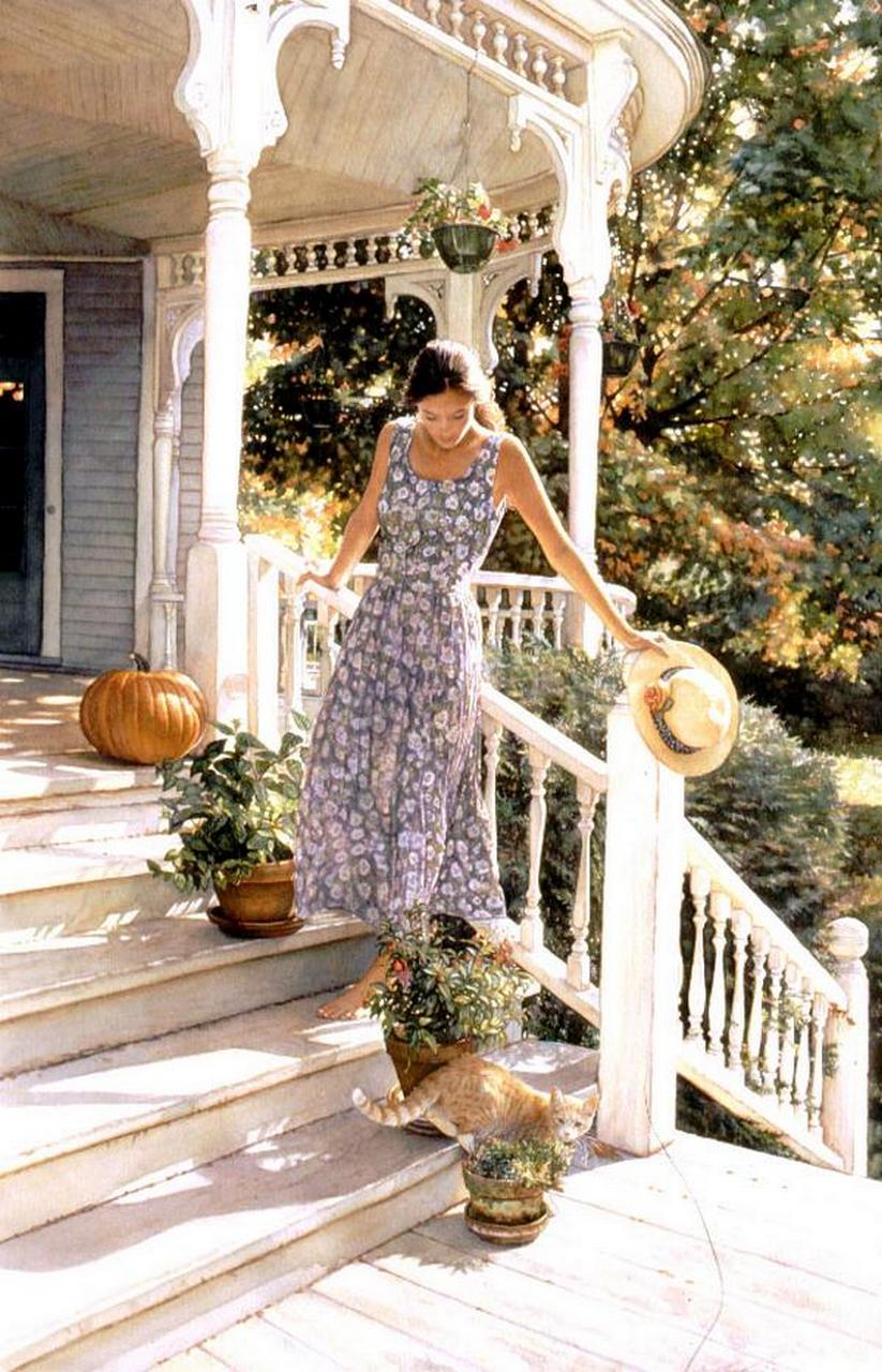 823x1280, 201 Kb / девушка, лестница, веранда, тыква, кот, цветы, Steve Hanks, акварель