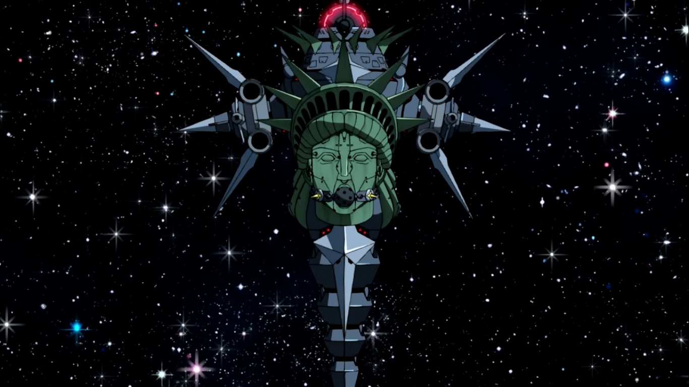 1366x768, 188 Kb / космос, звёзды, статуя, свободы, голова, кляп, аниме, space dandy