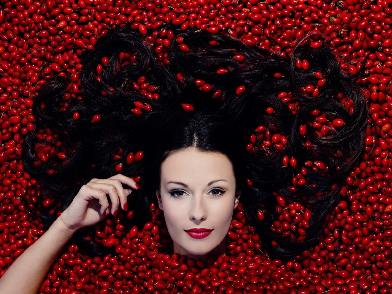 800x600, 231 Kb / лицо, девушка, брюнетка, плоды, шиповник, красный