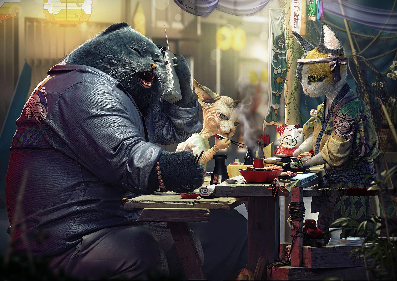 1600x1133, 341 Kb / кошки, якудза, обед, разговор, телефон