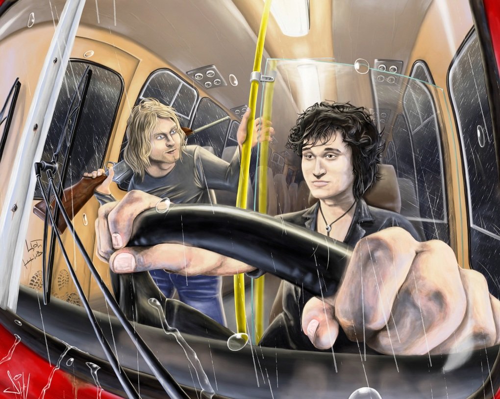 1020x814, 183 Kb / знаменитости, нирвана, кобейн, кино, цой, автобус, руль, баранка, винтовка