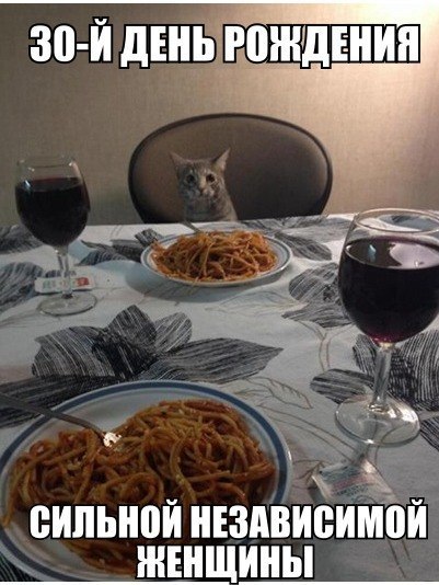 401x534, 61 Kb / котэ, день рождения, женщина, феминизм, стол, паста, вино