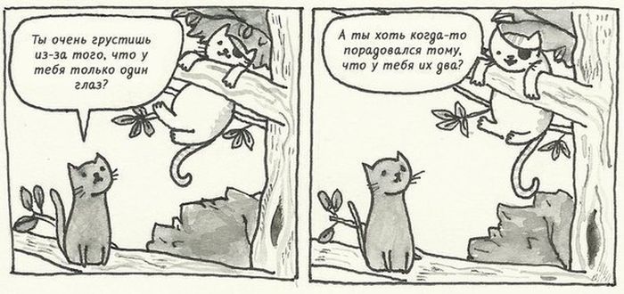 700x330, 56 Kb / кот, кошк, рисунок, ч/б, комикс, глаз, грустишь, дерево, пиратская повязка