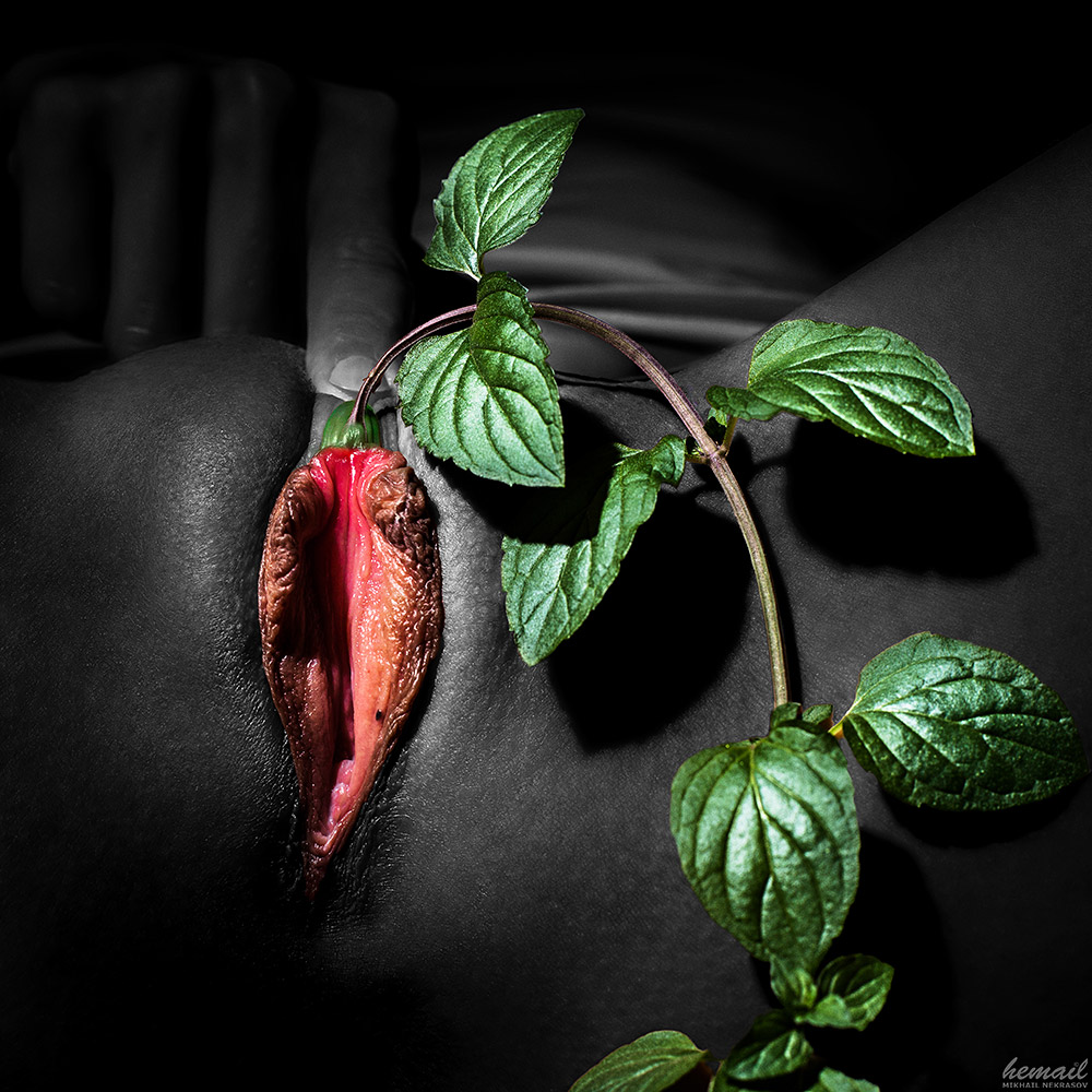 1000x1000, 254 Kb / чёрный, красный, зелёный, растение, губы, ню