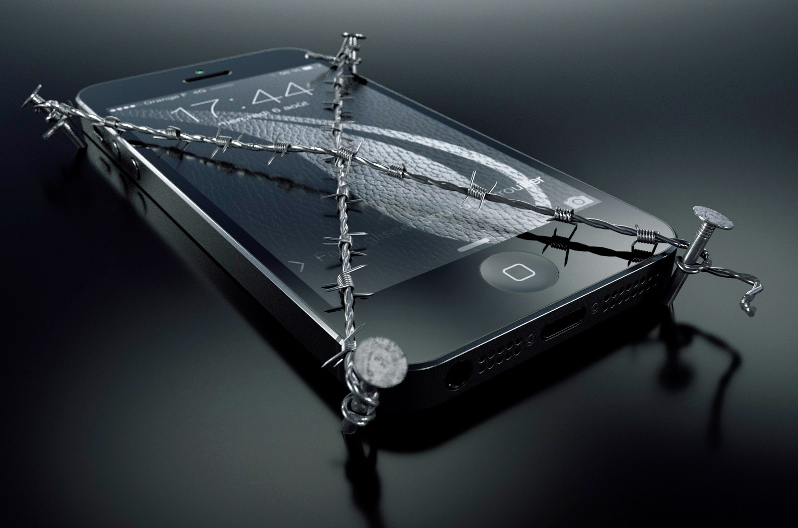 1591x1054, 298 Kb / креатив, телефон, колючая проволока, Cedric Uebersax, айфон, iphone