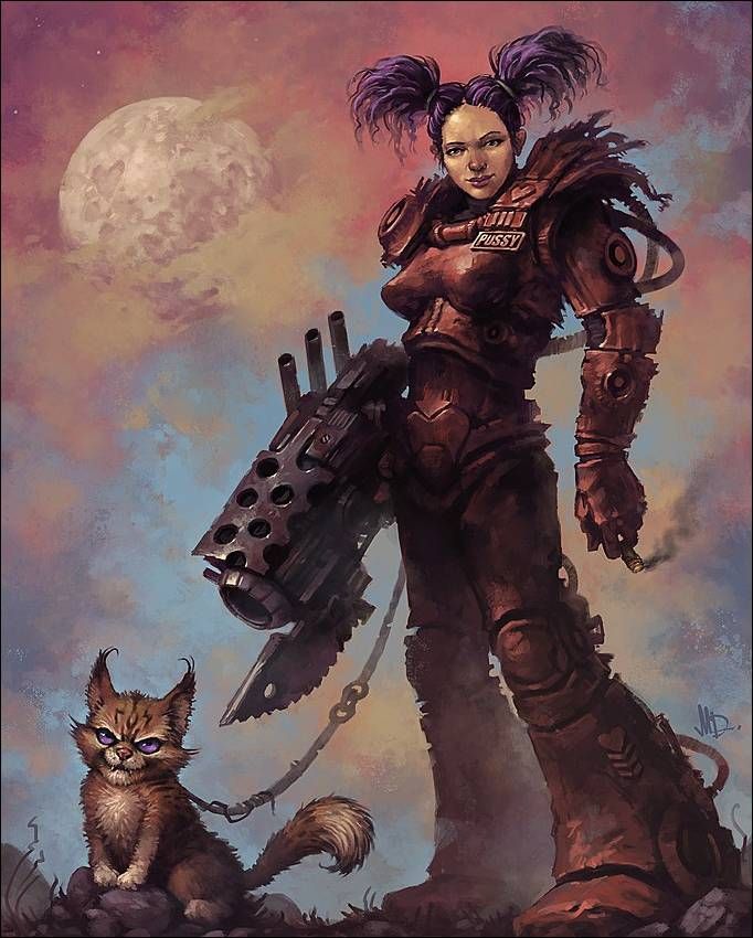 682x850, 93 Kb / девушка, скафандр, оружие, космос, кошка, фантастика