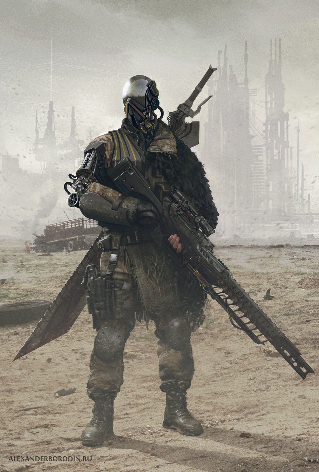 1024x1517, 331 Kb / кибер, солдат, пустырь, меч, винтовка