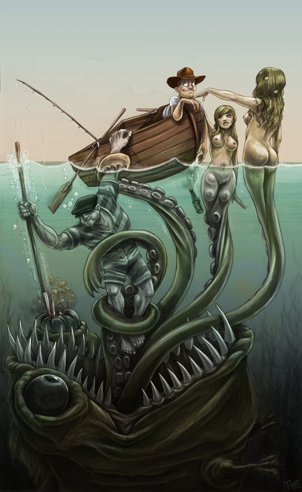600x978, 107 Kb / лодка, осьминог, монстр, русалки, ловушка, трап, моряк