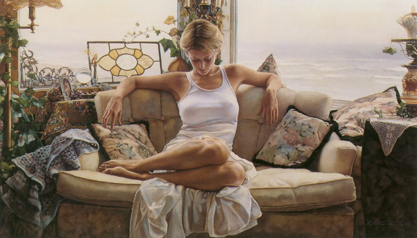 1358x776, 168 Kb / девушка, грудь, майка, диван, Steve Hanks