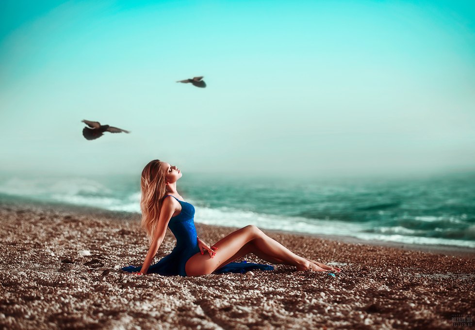 979x681, 121 Kb / Светлана, Беляева, блондинка, девушка, платье, берег, море, птицы