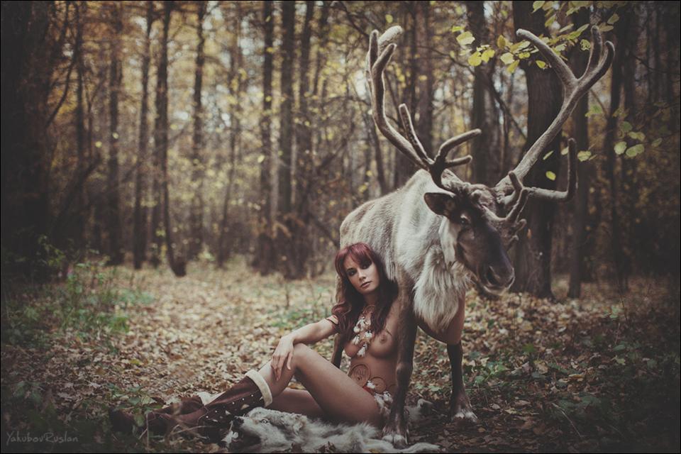 960x640, 113 Kb / Северный, олень, девушка, лес
