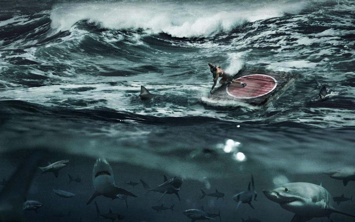 1210x756, 203 Kb / море, акулы, борьба, помост, фотошоп