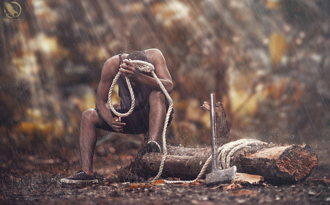 1400x871, 344 Kb / дождь, верёвка, петля, сук, бревно