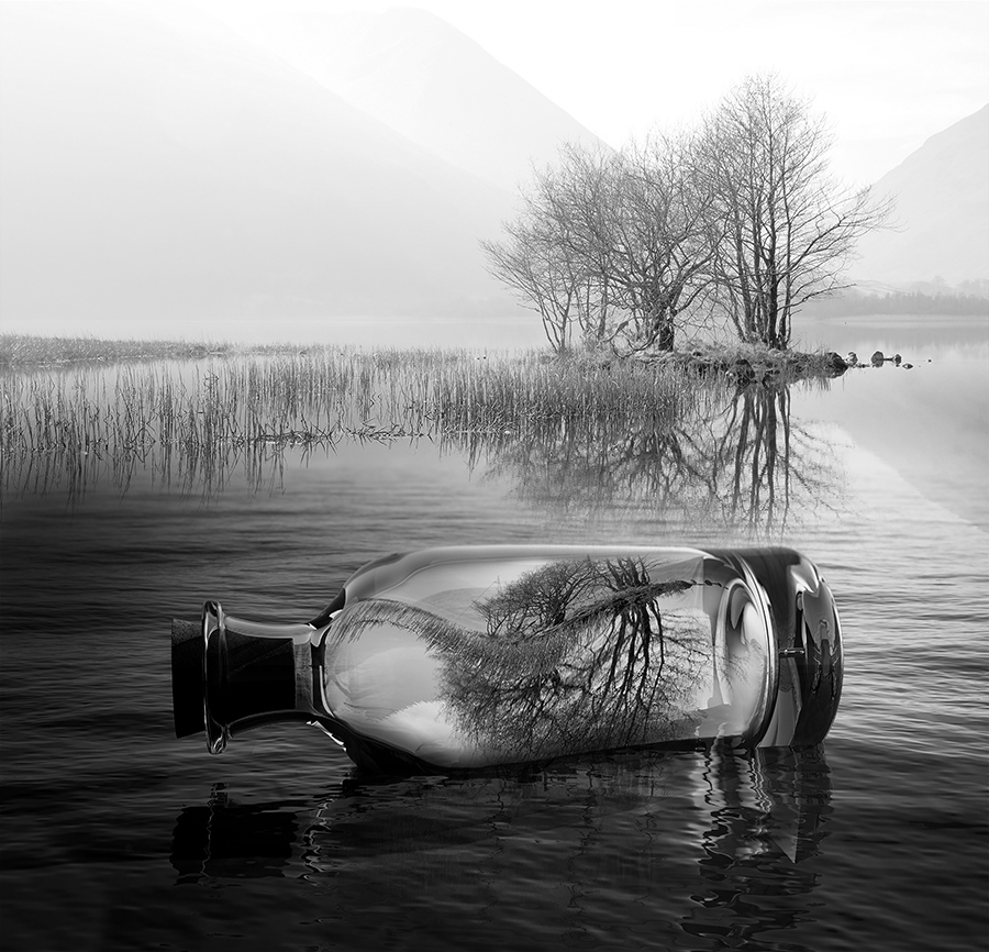 900x866, 336 Kb / бутыль, вода, отражение, ч/б, фотошоп