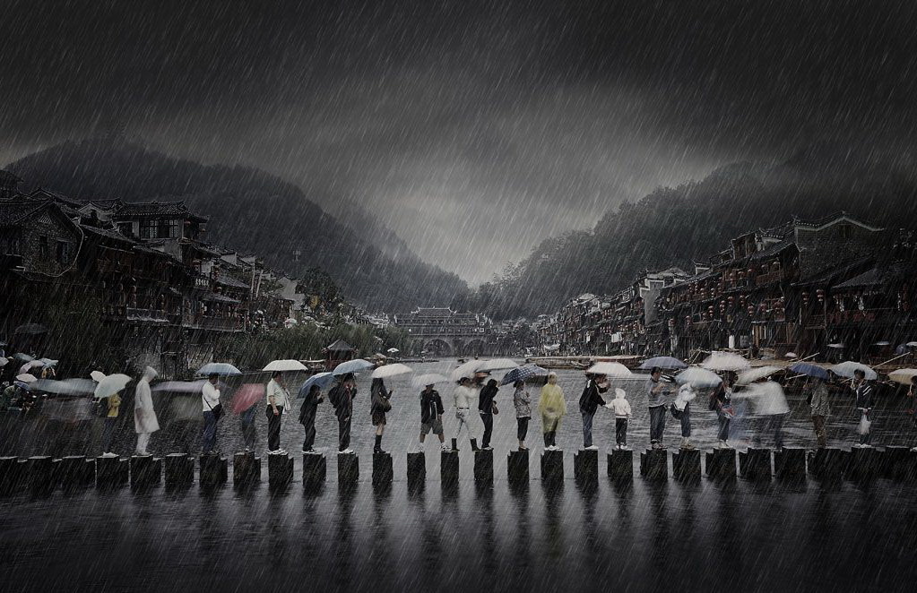 1023x662, 256 Kb / мост, вода, горы, зонт