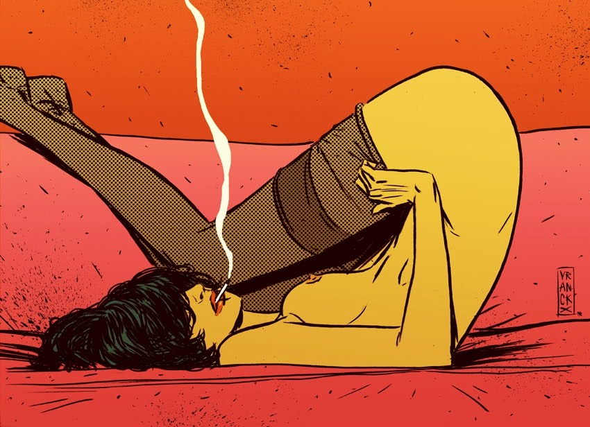 850x616, 185 Kb / брюнетка, сигарета, чулки, рисунок, графика