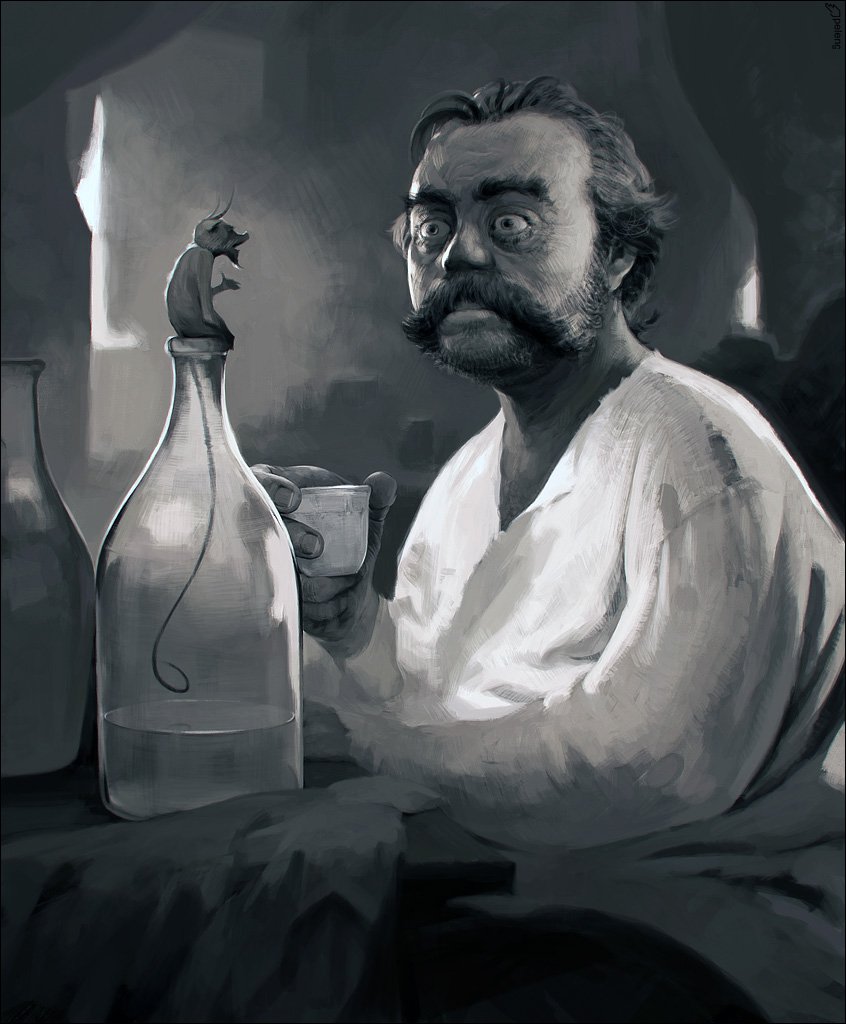 846x1024, 109 Kb / ч/б, чёрт, белочка, самогон