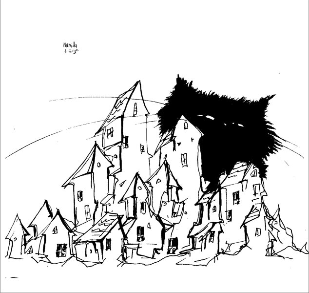 634x600, 57 Kb / эскиз, дома, большой, кот, черный