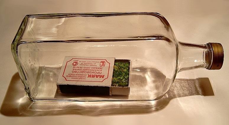 775x422, 63 Kb / Бутылка, коробок, трава, корабль