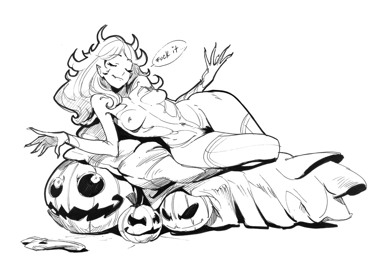 1280x960, 220 Kb / тыква, рога, комикс, голая, рисунок, хэллоуин, фигура, ч/б
