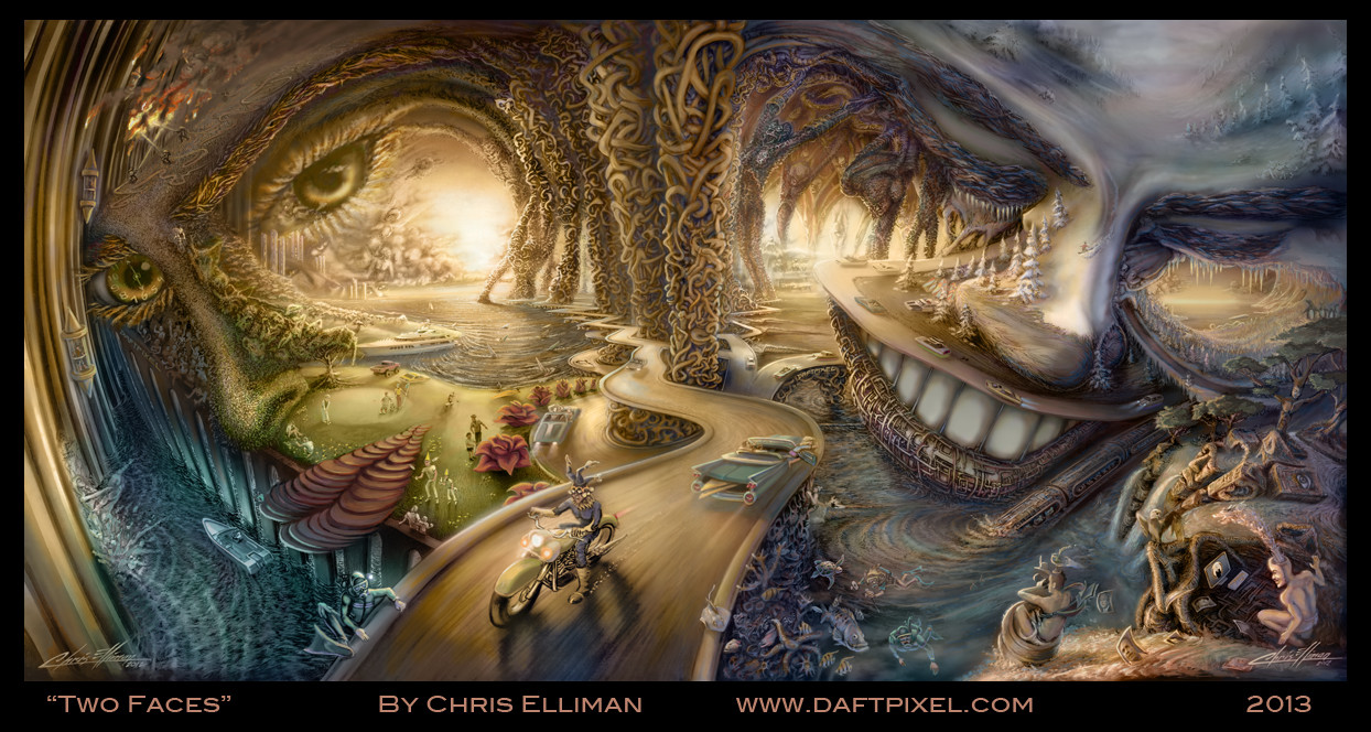 1244x664, 332 Kb / мотоцикл, лица, дорога, катер, иллюзия