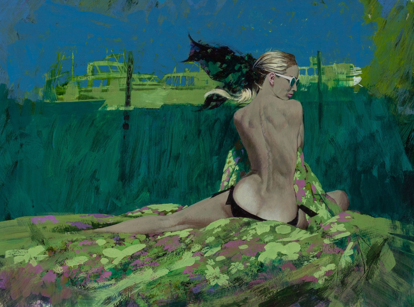 1690x1255, 393 Kb / блондинка, порт, корабли, очки, картина, сзади, топлесс