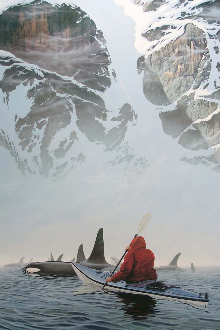 701x1052, 164 Kb / горы, снег, киты, каяк, лодка, весло, вода