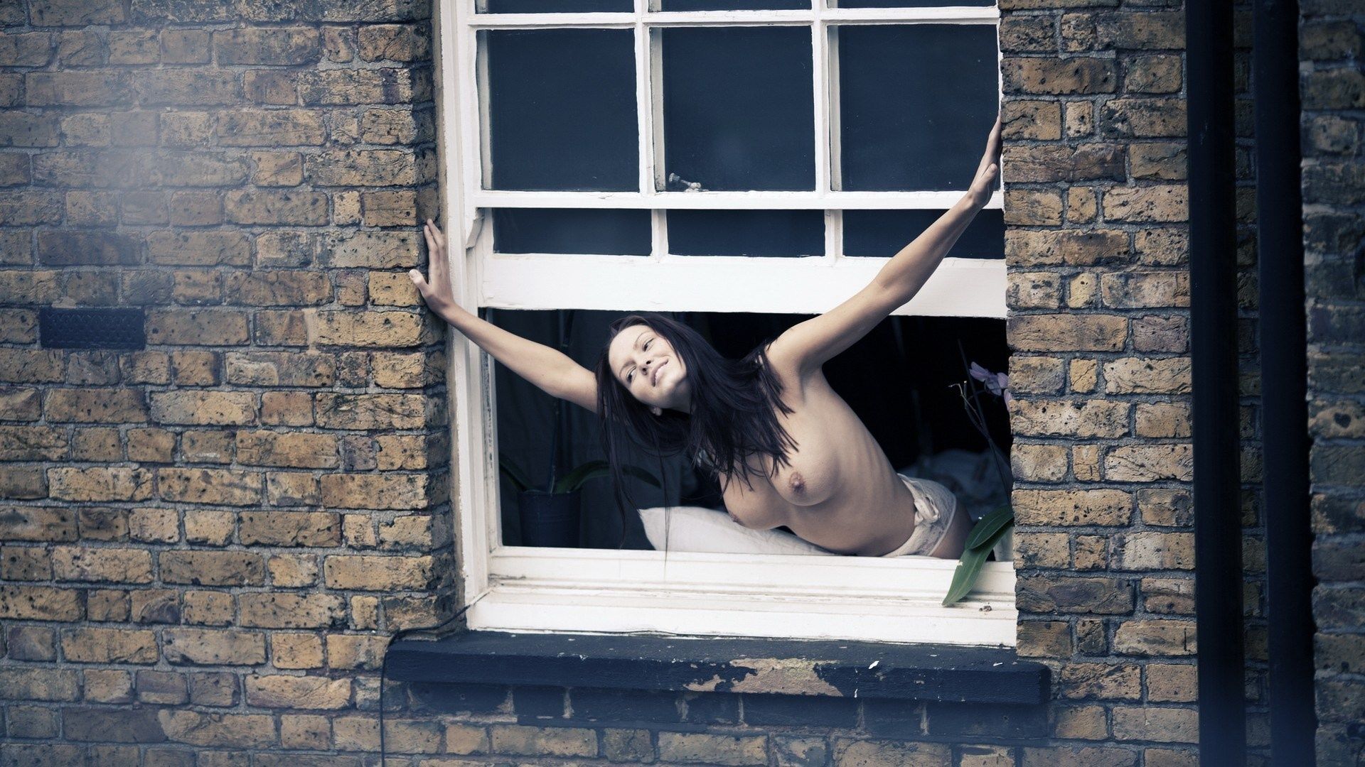 1920x1080, 386 Kb / окно, ребра, брюнетка, топлесс, сиськи