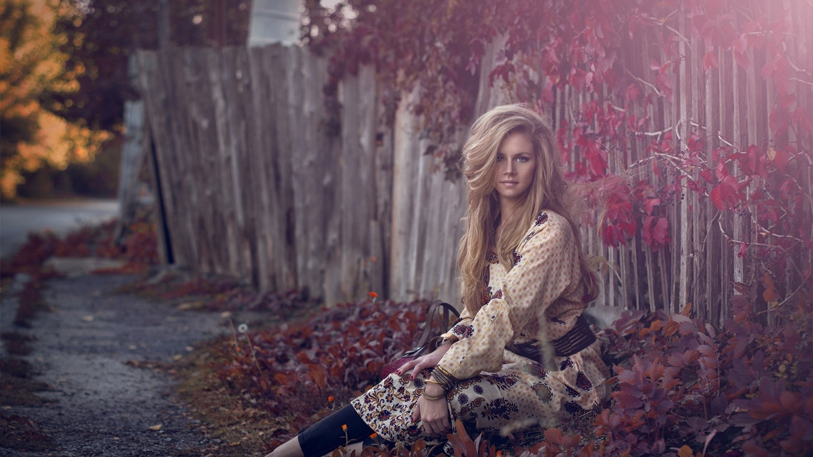 1600x900, 371 Kb / блондинка, забор, осень, деревня