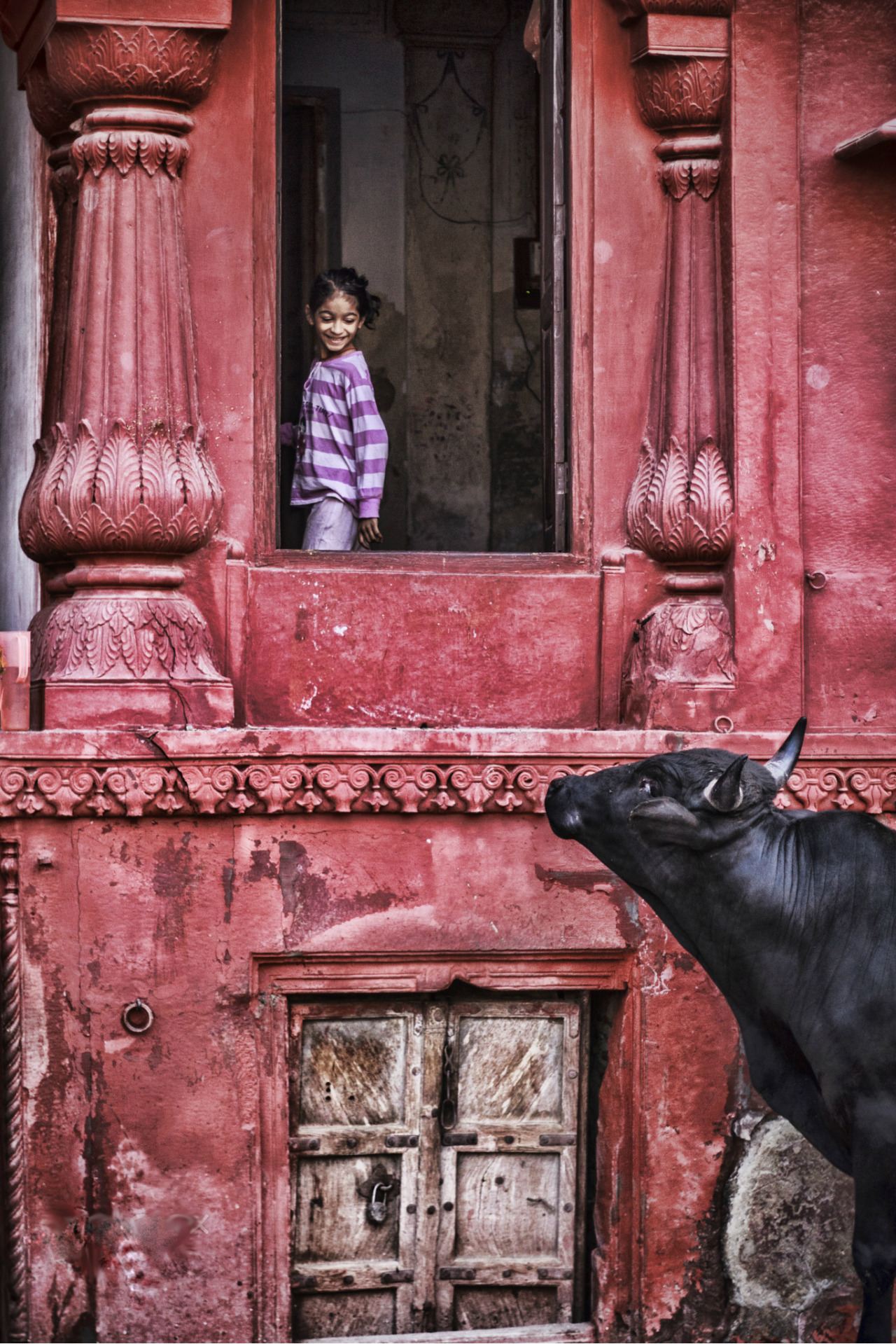 1280x1919, 397 Kb / девочка, бык, окно, замок, красное