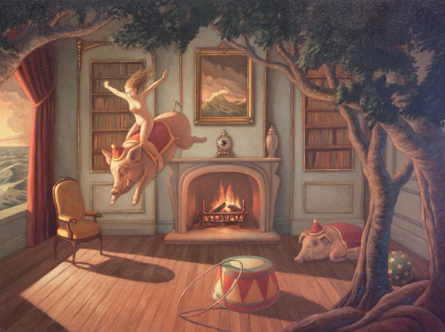 900x671, 201 Kb / камин, свиньи, цирк, обруч, тумба, сюрреализм
