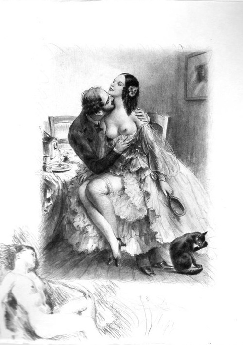 500x710, 87 Kb / ч/б, чулки, гаврюра, стол, топлесс, поцелуй