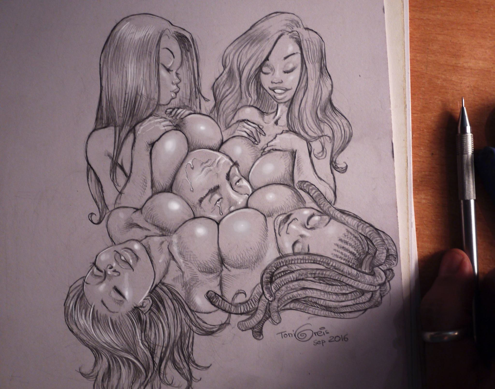 2048x1609, 337 Kb / голова, сиськи, пот, рука, карандаш, Toni, Greis