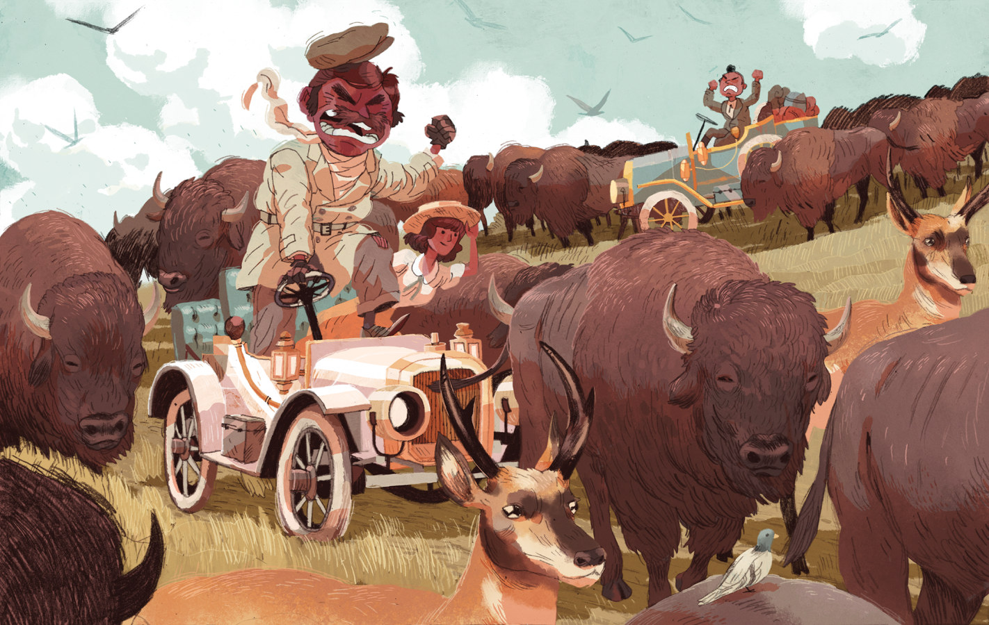 1422x900, 385 Kb / пробка, бизоны, олени, ретромобиль, зубр