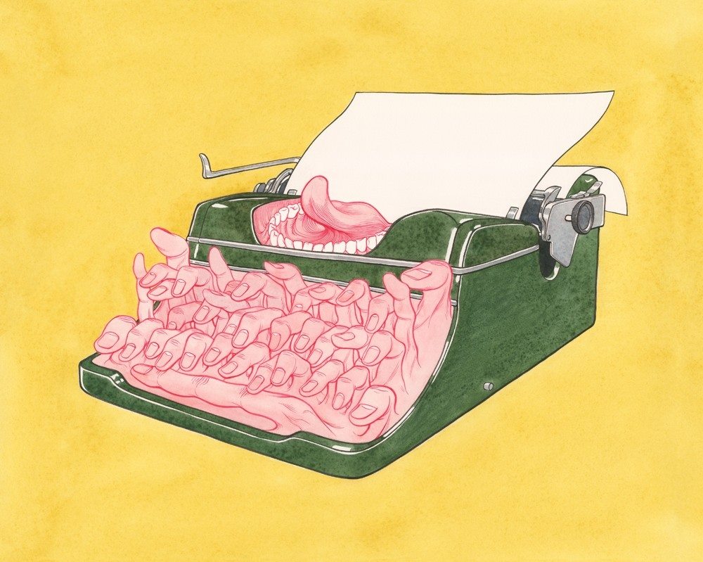 1000x799, 131 Kb / печатная, машинка, лист, пальцы, язык, клавиши, челюсть, зубы, Paul, Hostetler