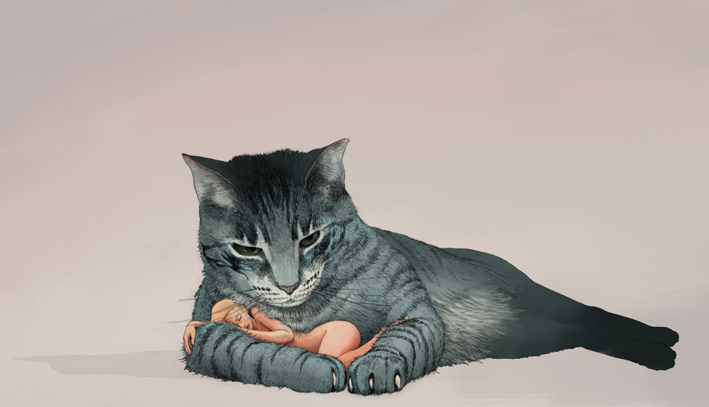 1000x575, 179 Kb / кот, девушка, блондинка, голая, рисунок