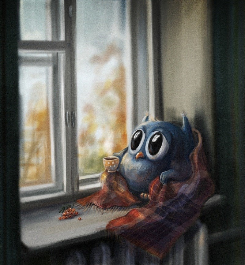 800x866, 166 Kb / сова, плед, шарф, окно, кофе, чай, чашка, осень, гроздь, рябина, Анна, Вороная