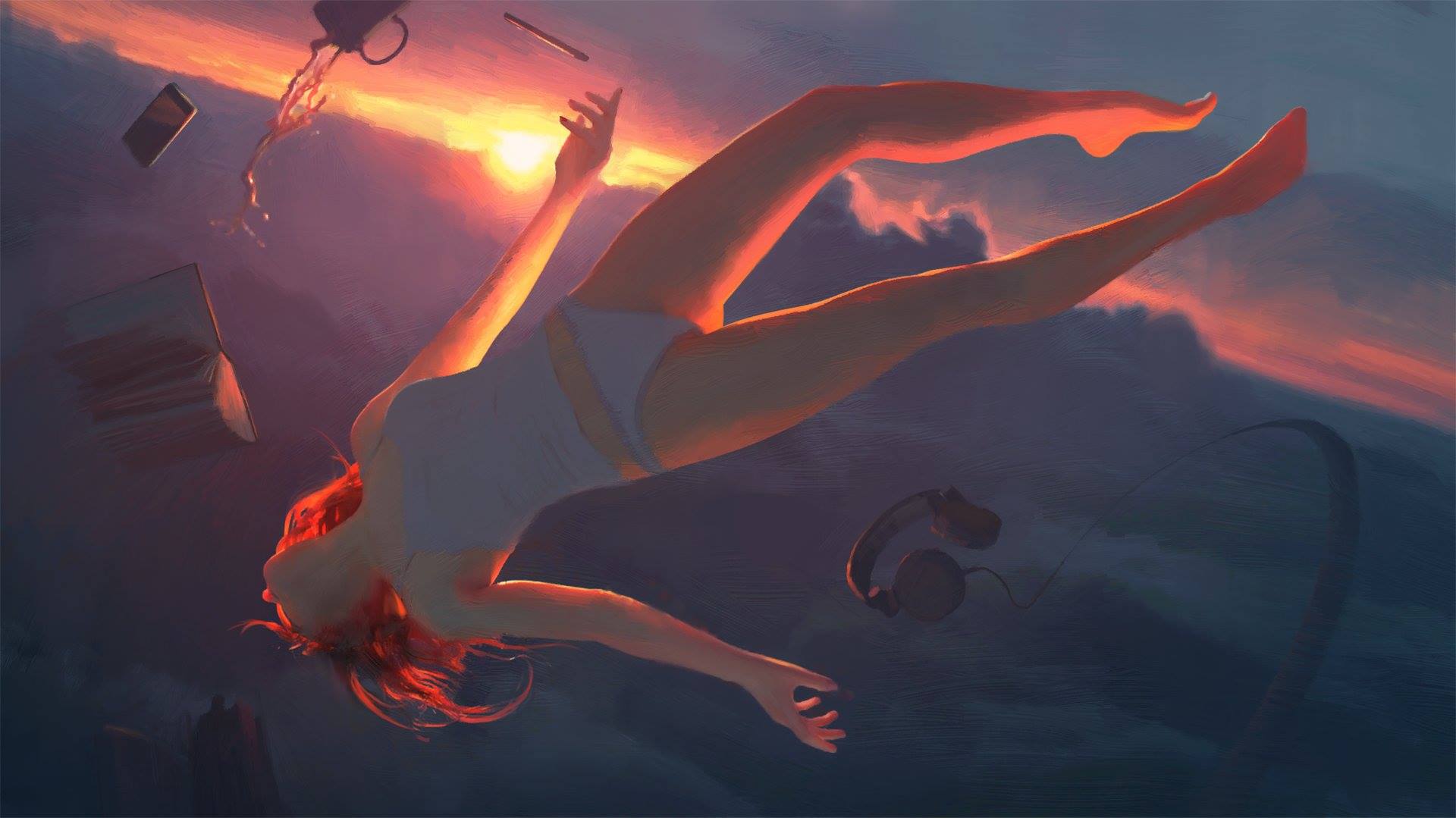 1920x1079, 111 Kb / небо, девушка, майка, книга, наушники, Wojtek, Fus