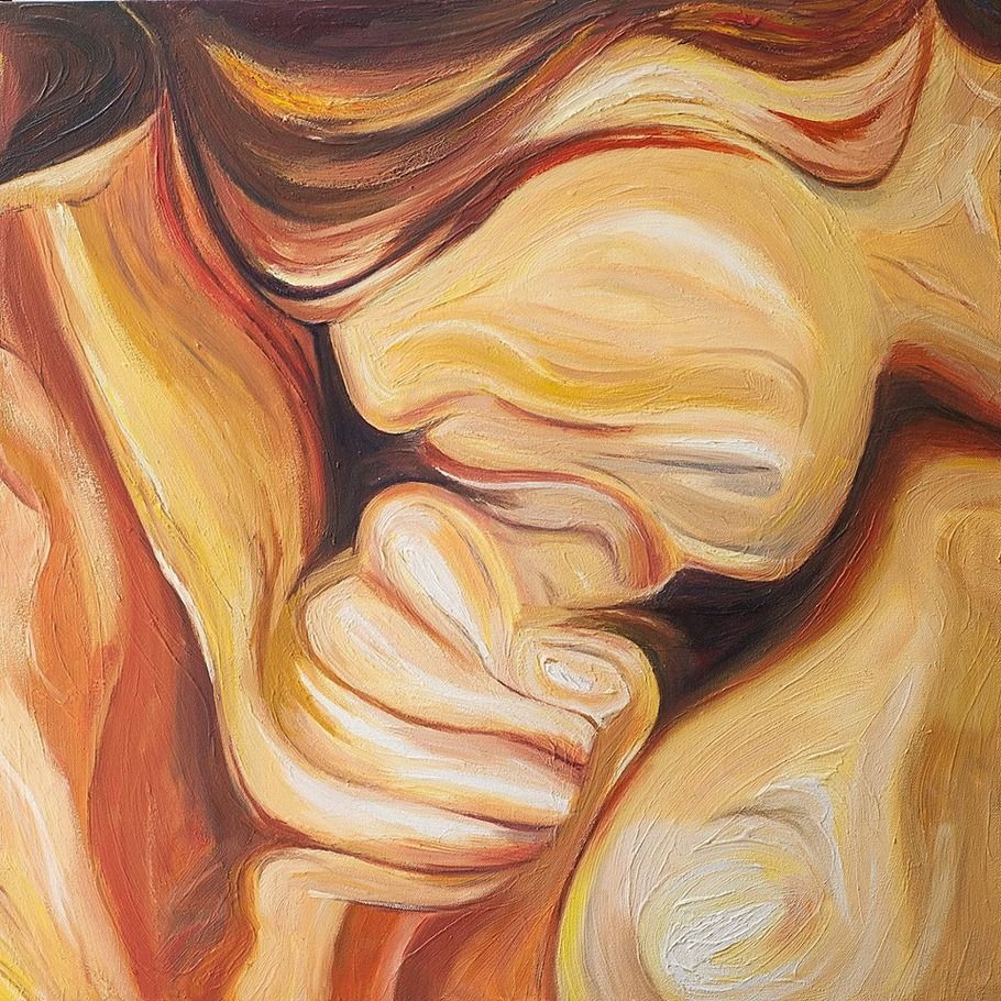 910x910, 210 Kb / картина, девушка, кулак, кашель, минет