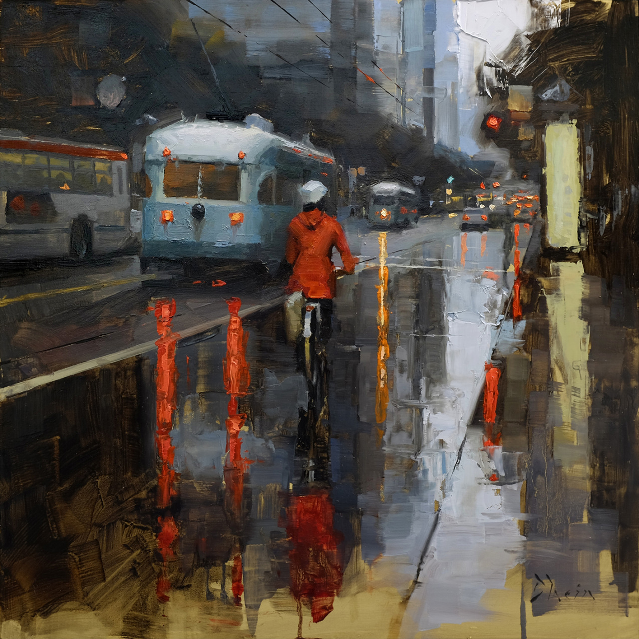 1280x1280, 544 Kb / дождь, улица, велосипед, трамвай, красное