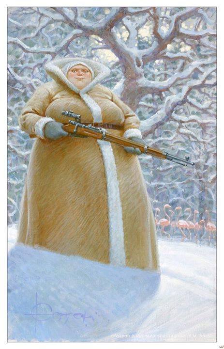 463x720, 53 Kb / баба, тулуп, трёхлинейка, снайпер, прицел, фламинго, зима, Владимир, Стахеев