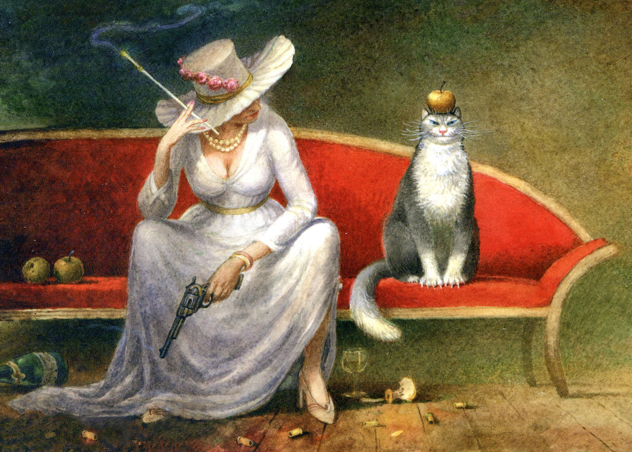 1280x915, 346 Kb / картина, женщина, кот, пистолет, яблоко