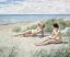 Paul Gustav Fischer (Danish 1860-1934), "Two young women lying on Hornbek beach enjoying the sun", 1916, Oil on canvas, 60 x 72 cm, Private collection, две, девушки, пляж, песок, трава, картина